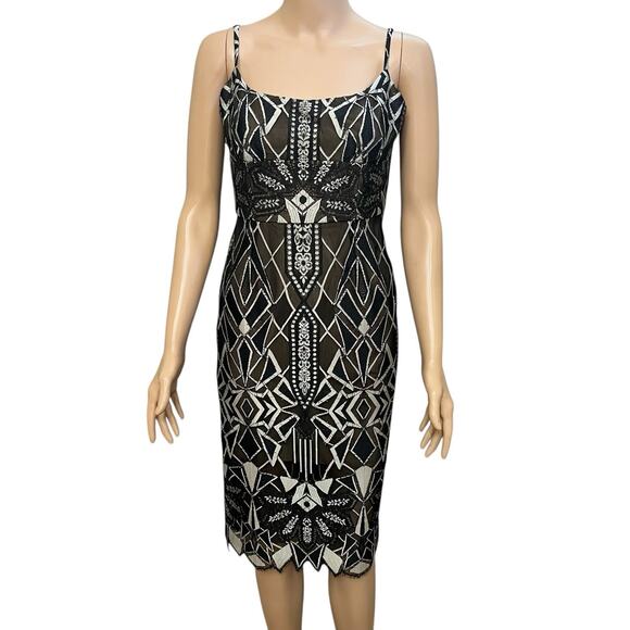 BCBG MaxAzria Alese Lace Mid Dress 2 Sheath Art Deco Geometric Party Holiday - Picture 1 of 11